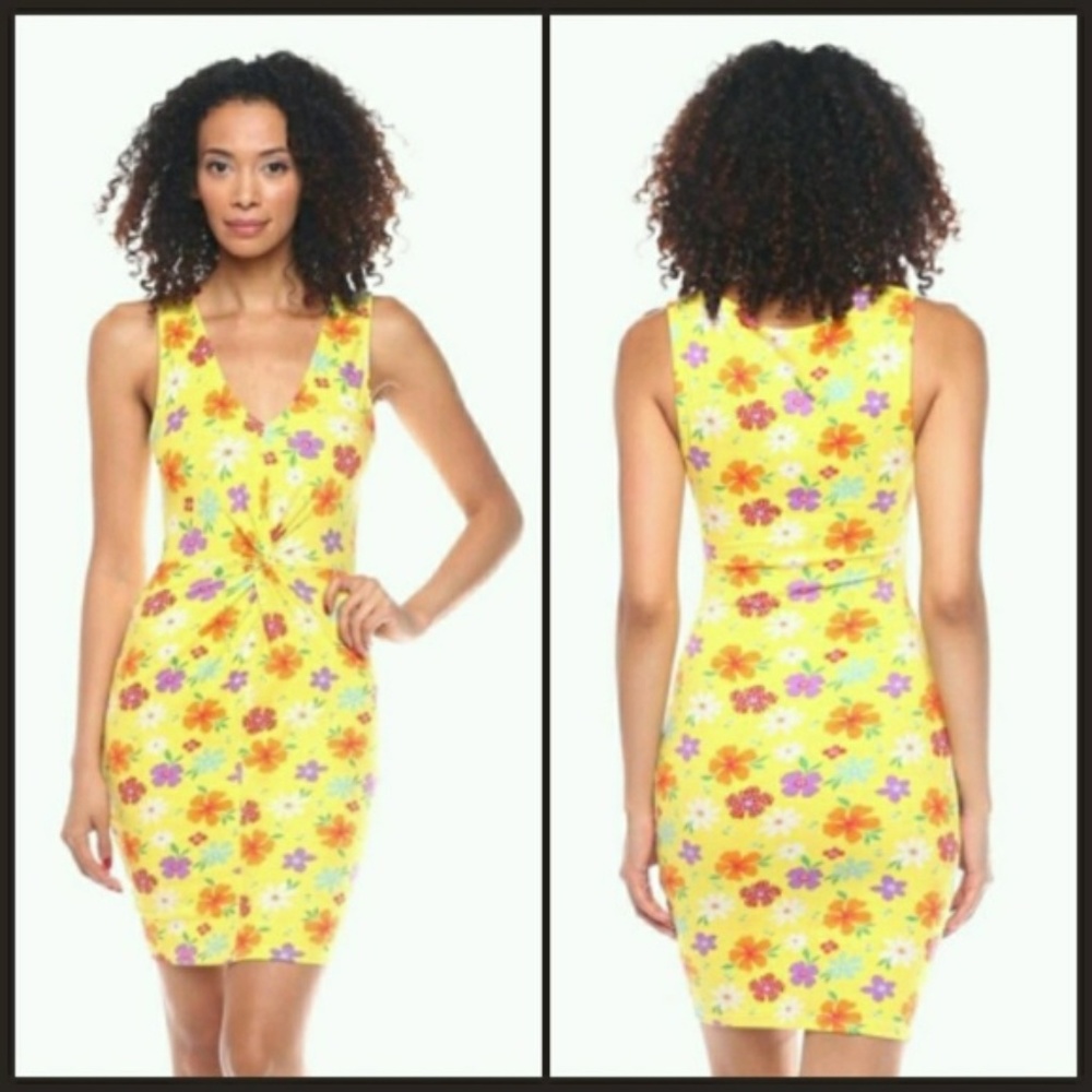 Yellow Floral Front Twist Mini Dress